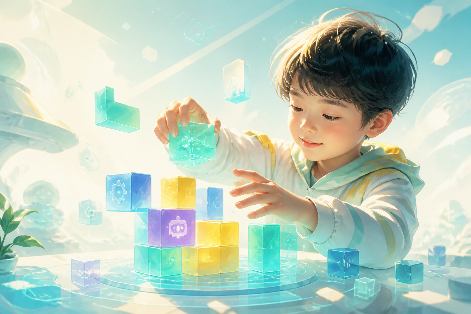 홀로그램 코딩 블록으로 아이디어를 만드는 AI 일러스트