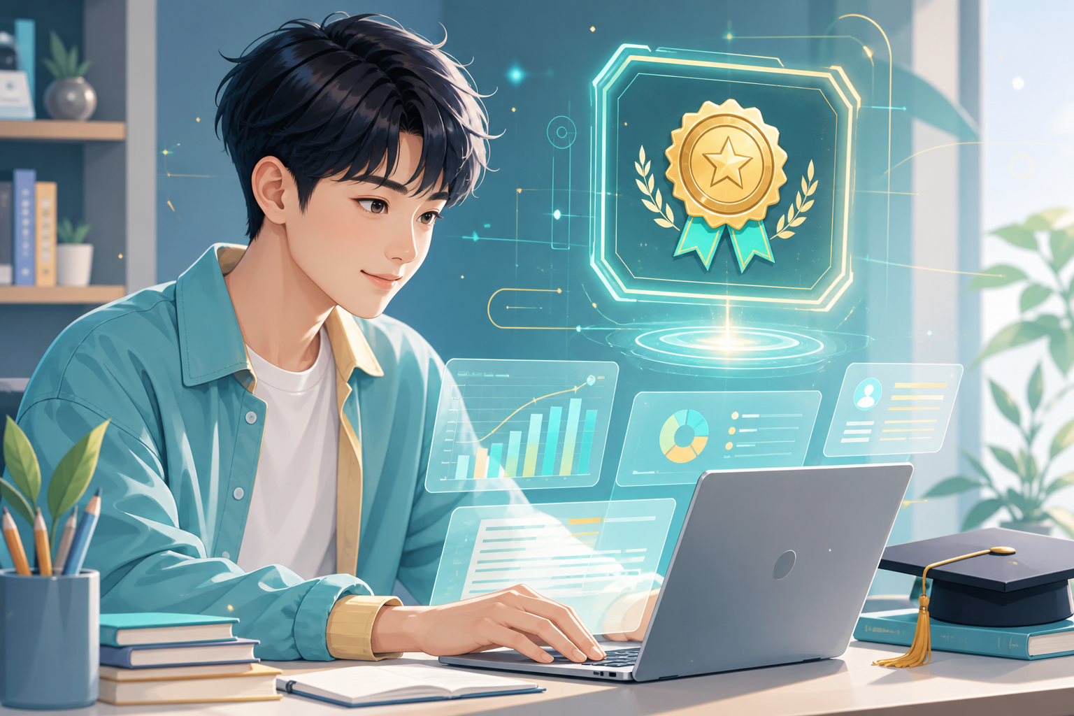 홀로그램 자격증 배지와 ITQ 학습을 표현한 AI 일러스트