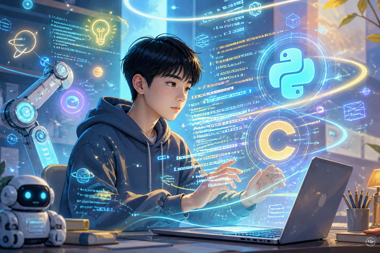 홀로그램 코드로 텍스트코딩을 표현한 AI 일러스트